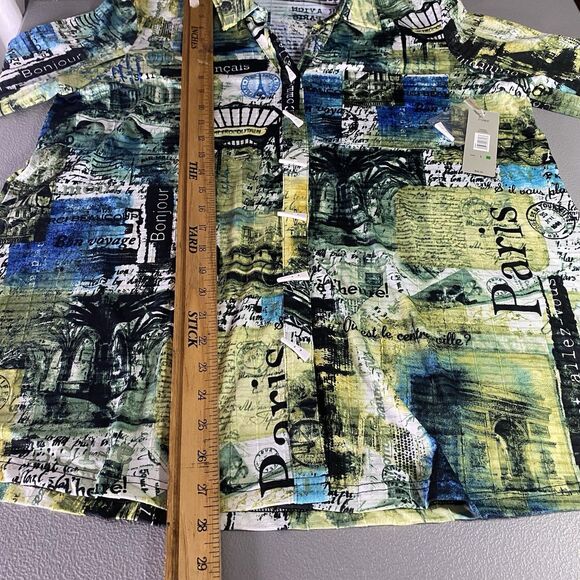 NWT ALI MILES Tunic Blouse Button Paris Roll Tab Long Sleeve Womens L Green Blue - Picture 6 of 13